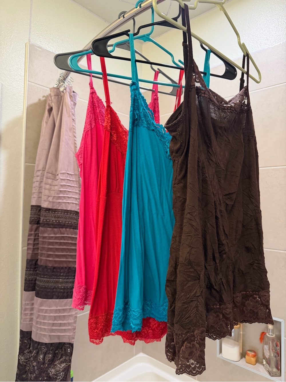 Lane Bryant Teal, Hot Pink, Red, & Brown Lace-Trim Slip Set